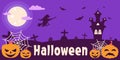 Banner for Halloween with a bright purple background. Vector flat illustration. The moon with clouds, a witch and bats Royalty Free Stock Photo