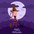 Banner for Halloween is girl in witch costume with cat on the background of the forest, moon and sky. Children's color Royalty Free Stock Photo