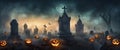 banner Halloween night background, pumpkins and dark castle with full moon and bats. Royalty Free Stock Photo