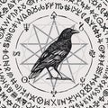 Banner with hand-drawn black Raven and magic signs