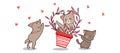 Banner hand drawn kawaii cat with heart vine inside vase and friends