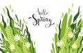 Banner with hand drawn lettering hello spring and flowers, and grace. Vector illustration.