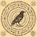 Banner with hand-drawn Raven and magical runes Royalty Free Stock Photo