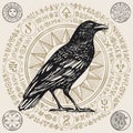 Banner with hand-drawn Raven and magical signs Royalty Free Stock Photo