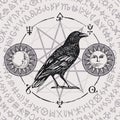 Banner with hand-drawn Raven and magical symbols Royalty Free Stock Photo