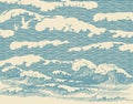 Banner with hand-drawn sea waves in retro style