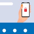 Banner with a hand holding a smartphone with a padlock in the screen Royalty Free Stock Photo