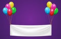 Banner hanging on colorful balloons for happy birthday party. Event celebration invitation or greeting card