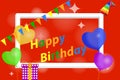 Banner happy birthday. Greeting card with a birthday party with balloons, a party cap and ribbons. Royalty Free Stock Photo