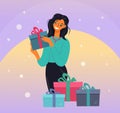 Banner of a happy business woman holding a gift box. Smiling girl received parcels and gifts. Big sale, holiday Royalty Free Stock Photo
