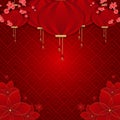 Banner Happy Chinese New Year 2023. Traditional Red hanging lantern, gifts box