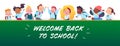 Banner with happy school kids, school blackboard and text back to school greeting. Royalty Free Stock Photo