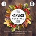 Banner for Harvest festival with autumn leaves on a wood background. Vector illustration Royalty Free Stock Photo