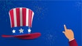 Banner with hat and pointing hand with empty space. Design for the feast of President`s Day and Independence Day in USA. Royalty Free Stock Photo