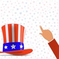 Banner with hat and pointing hand with on white background and stars and empty space