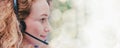 banner header panorama-woman customer service center staff happy smile with office headset,call center and provide after sale