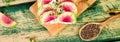 Banner of Healthy breakfast toasts from sliced watermelon radish Royalty Free Stock Photo