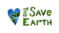 Banner heart earth and text save the planet watercolor