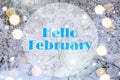 Banner hello February . Winter landscape . Snow and snow trees. Nature. Snow picture. Photo with text. The new month