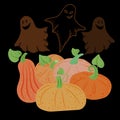 Banner for the holiday on a black background. Pumpkins with ghosts. October. Halloween Perfume. The vector is made in a