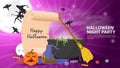 Banner for holiday design on the theme all saints eve Halloween scroll cauldron with a witchs potion flat vector illustration