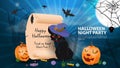 Banner for holiday design on the theme all saints eve Halloween scroll with greetings black cat in a witchs hat flat vector