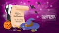 Banner for holiday design on the theme all saints eve Halloween scroll with greetings pumpkin and witch hat flat vector