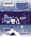 Banner horizontal vector flat courses in physics, chemistry, scientific biology. Slate, chemical formula, voltmeter