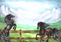 Banner with horses near a wooden fence against a mountain landscape. Hand watercolor. The horses get up and gallop.