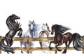 Banner with horses near a wooden fence. Hand watercolor. The horses get up and gallop. For printing and labels. For