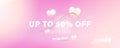 Banner Hot Offer with 50 percent super sale on a pink background with hearts. Font inscription with lights elements. Flat Vector