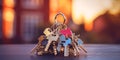 Banner with house keys close-up on bokeh background of building with space for text for advertising of purchase, rental Royalty Free Stock Photo