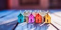 Banner with house keys with wooden colorful keychains in house shape close-up on wooden background for buying, renting