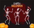 Banner with human skeletons in different poses with scary pumpkins. Halloween design. Vector illustration