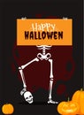 Banner with human skeletons in different poses with scary pumpkins. Halloween design. Vector illustration