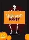 Banner with human skeletons in different poses with scary pumpkins. Halloween design. Vector illustration
