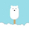 Banner ice cream Polar bear on a wooden stick, snow, snowflakes. Flat style. The shape of a polar bear, on a blue Royalty Free Stock Photo