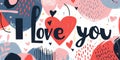 Banner with illustrated red hearts and abstract background and text I love you for Valentine's day. Copy space Royalty Free Stock Photo