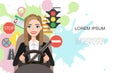 Banner illustration of businesswomen driving a car. Set of road symbols and woman driver character