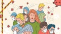 Banner illustration for the design of the corona virus SARS-CoV-2 a crowd of masked people and a girl in a crowd without a mask