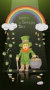 Banner illustration green leprechaun hat with horseshoe luck lying on gold coins stands in a clover frame design for St Patricks