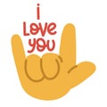 A banner with an illustration of a large cartoon hand, which depicts the sign I love you. Palm with open fingers thumb