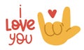 Banner with an illustration of a large cartoon hand, which depicts the sign I love you. Palm with open fingers thumb