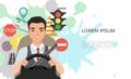 Banner illustration of road symbols and asian man driver character