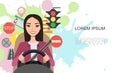 Banner illustration of road symbols and asian woman driver character