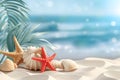 banner,illustration,tropical beach: seashells, red starfish and palm leaves on white sand with blurred ocean on the background Royalty Free Stock Photo