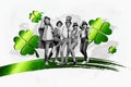 Banner image collage of cheerful funny people together enjoy st patrics celebration isolated on painted background