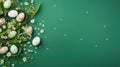 Banner with the image of Easter quail eggs and flowers on a green background