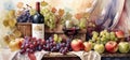 Banner image of a still life with a wine bottle, wine glass, grapes, and apples on a table.