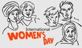 Banner for International Women`s Day - diverse female faces from around the world, a diverse group of hand-drawn women Royalty Free Stock Photo